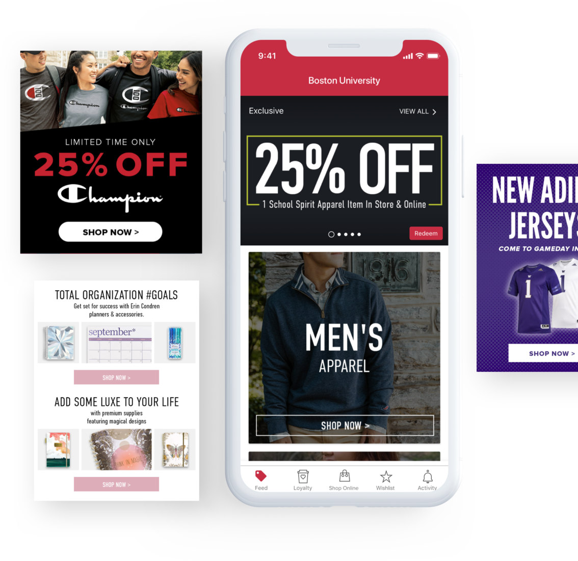 showing mobile ecommerce app to buy school merchandising that displays 25% off